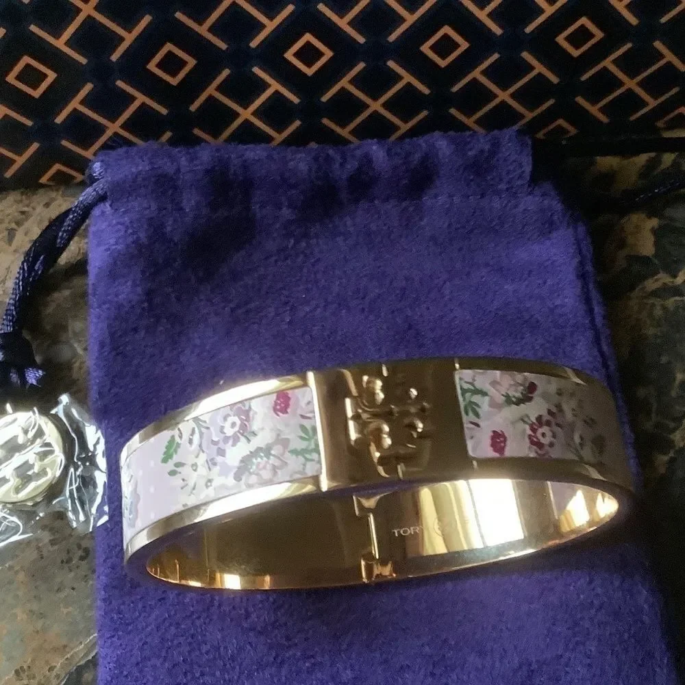 NWT TORY BURCH MILLER LEATHER FLORAL HINGE BRACELET NEW​​